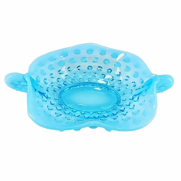 Fenton Blue Opalescent Hobnail Handled Bon Bon Dish Bowl #389 Ruffled Vintage - Picture 6 of 7